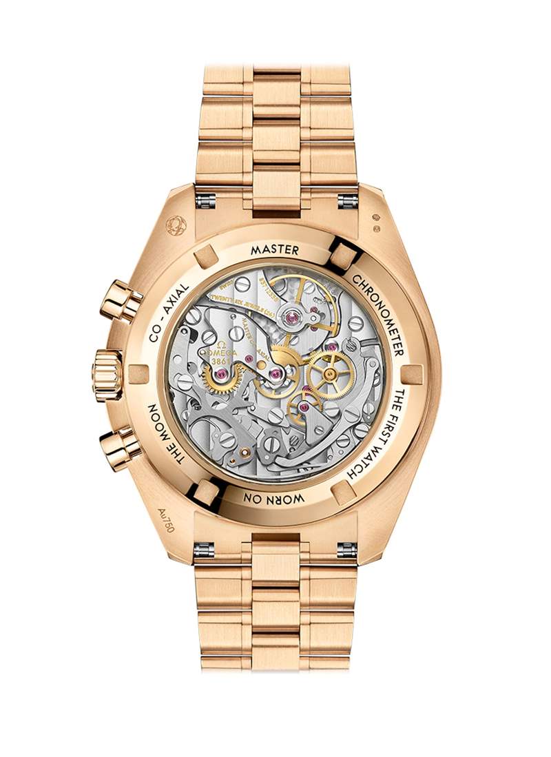 Moonshine?金材質(zhì)／3861手動上鍊機芯／時、分、小秒顯示／計時碼錶功能／藍寶石水晶鏡面、透明底蓋／防水50米／錶徑42mm／參考價：HKD315,900（OMEGA）