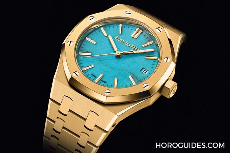 愛彼Royal Oak皇家橡樹自動上鏈腕表,黃金表殼搭配天然綠松石表面-復刻表