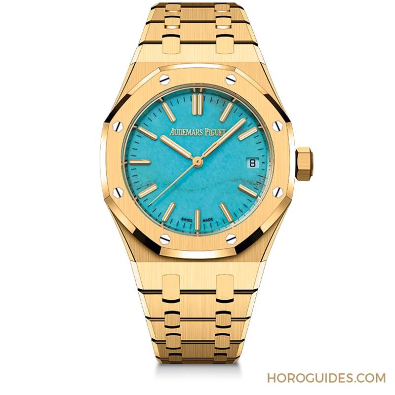 愛彼Royal Oak皇家橡樹自動上鏈腕表,黃金表殼搭配天然綠松石表面-復刻表