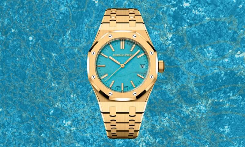 愛彼Royal Oak皇家橡樹自動上鏈腕表,黃金表殼搭配天然綠松石表面-復刻表
